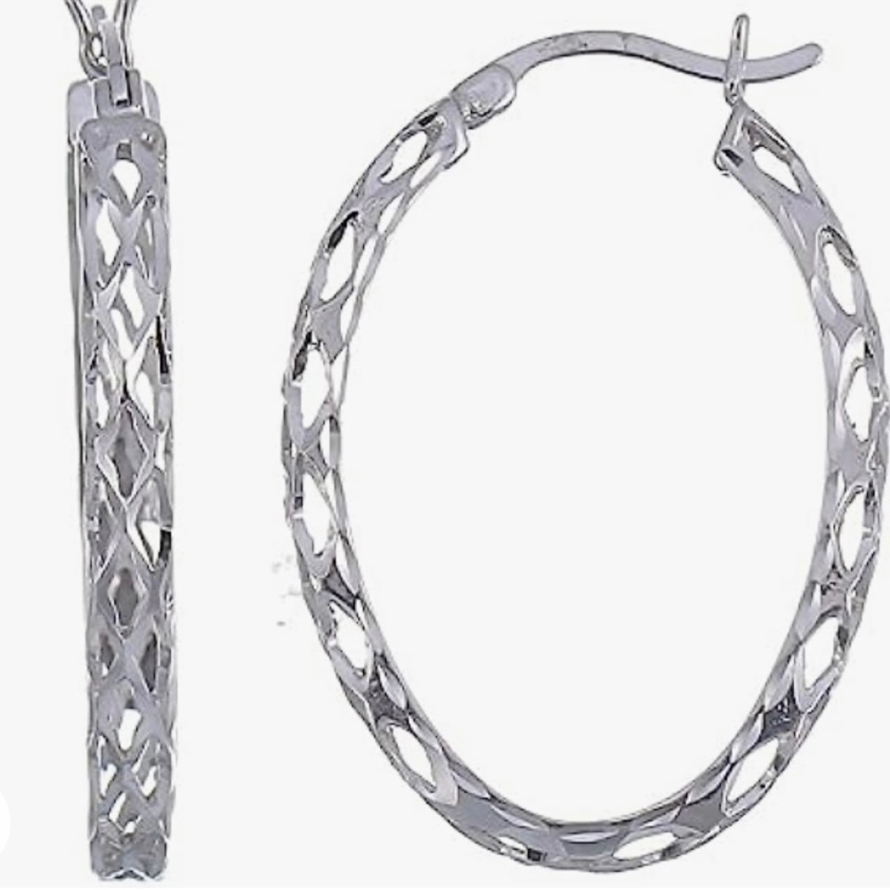 Polished Openwork Oval Hoop Earrings - Silver